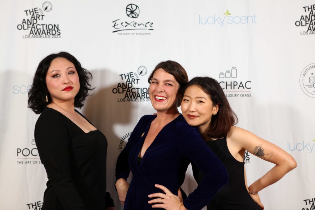 IAO Director of Operations Minetta Rogers, IAO founder Saskia Wilson-Brown, and IAO Board Member Julianne Lee pose together before the 9th Art and Olfaction Awards.